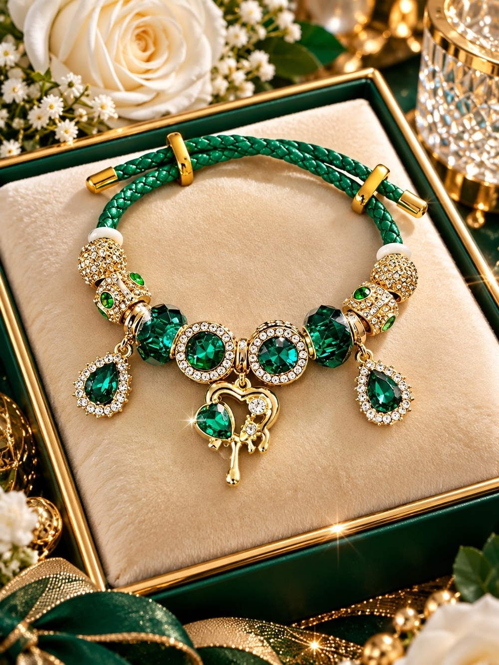 Emerald Green Crystal Charm Bracelet - Gold Accent